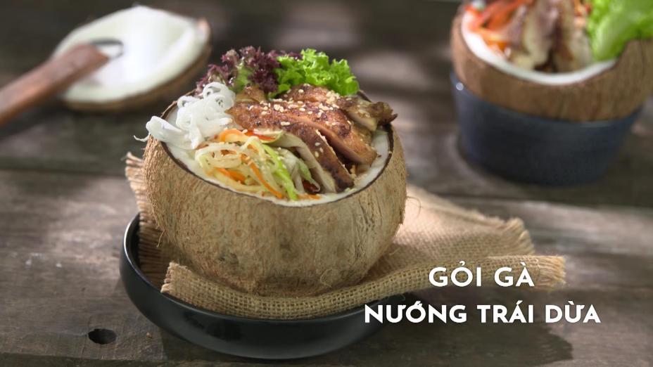 Goi ga nuong trai dua Gỏi gà nướng trái dừa