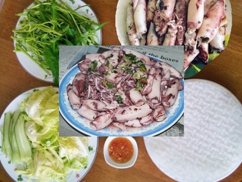 muc hap cuon banh trang cham nuoc mam gung Mực hấp cuốn bánh tráng chấm nước mắm gừng